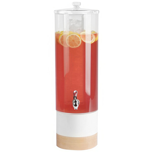 A Cal-Mil white and red plastic beverage dispenser with lemons in the infusion chamber.