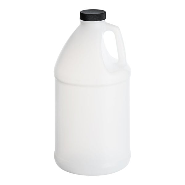A translucent HDPE jug with a black lid.