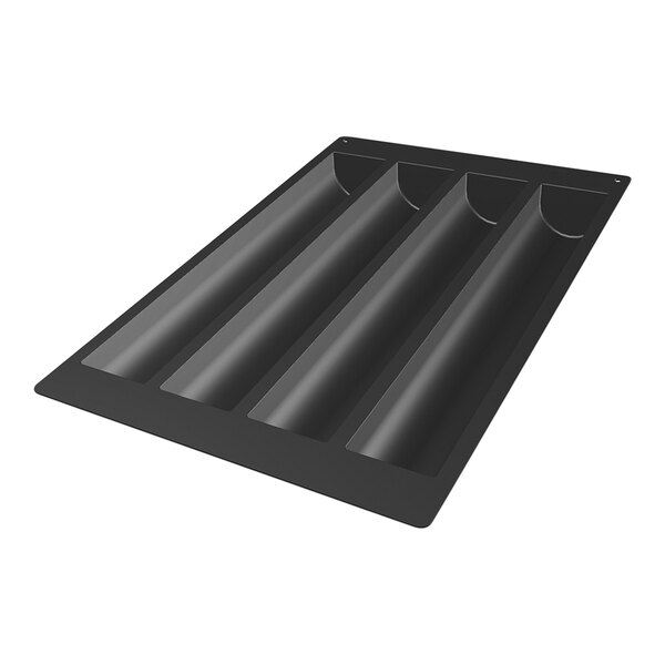 A black rectangular Silikomart baking tray with four sections.