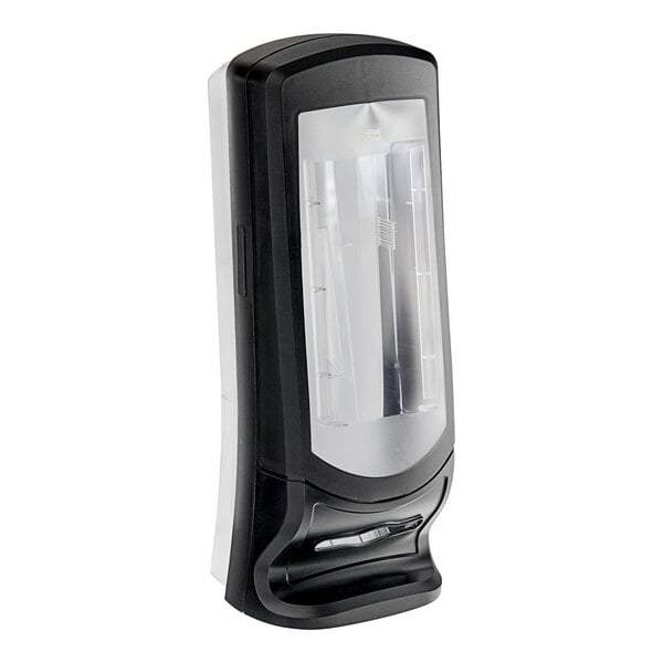 A black Tork Xpressnap interfold napkin dispenser with a transparent cover.
