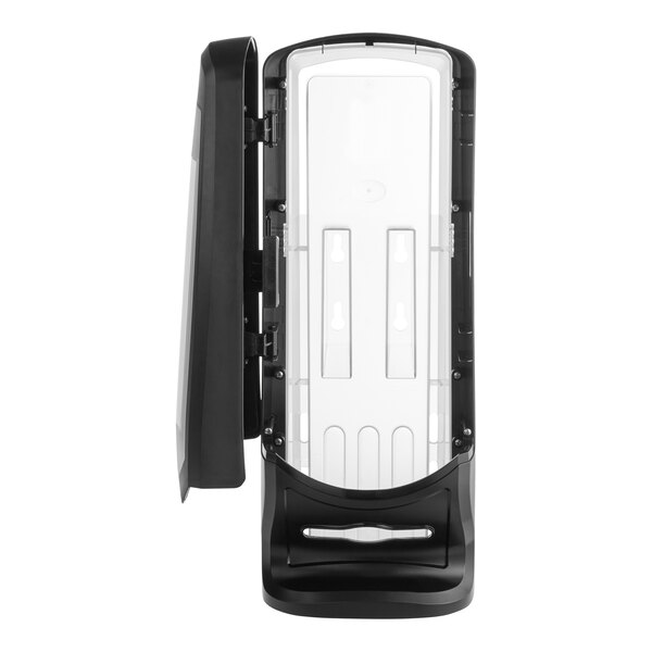 A black and white plastic Tork Xpressnap napkin dispenser with buttons.