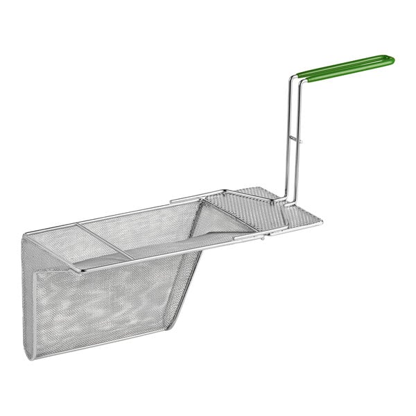 A metal Frymaster sediment tray with a green handle.