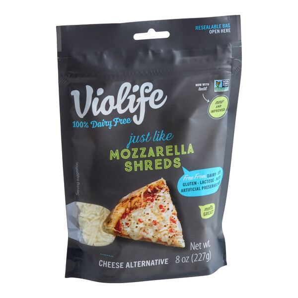 A resealable bag of Violife Just Like Mozzarella vegan cheese shreds, 8 ounces.
