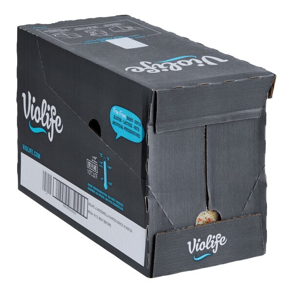 A closed black cardboard box labeled 'Violife' containing Violife Just Like Mozzarella Vegan Cheese Shreds.