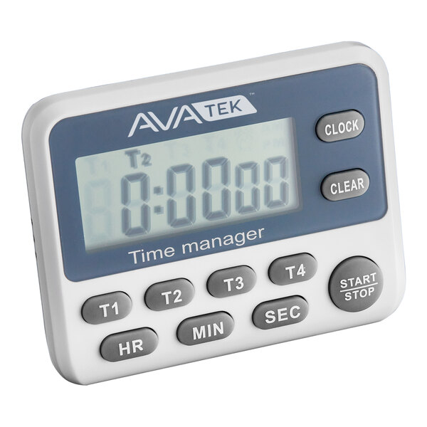 A digital kitchen timer with a clock and multiple buttons for setting hours, minutes, seconds, and different timer channels.
