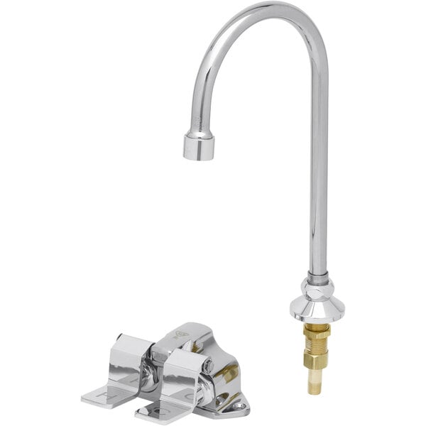 A silver T&S floor mount double pedal valve with a chrome gooseneck spout.
