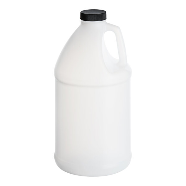 A translucent white HDPE jug with a black cap containing liquid.