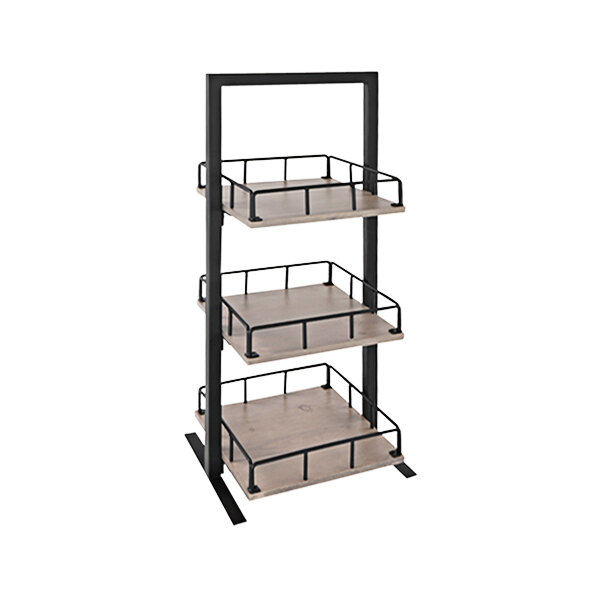 A wooden shelf with black metal railings on metal legs.