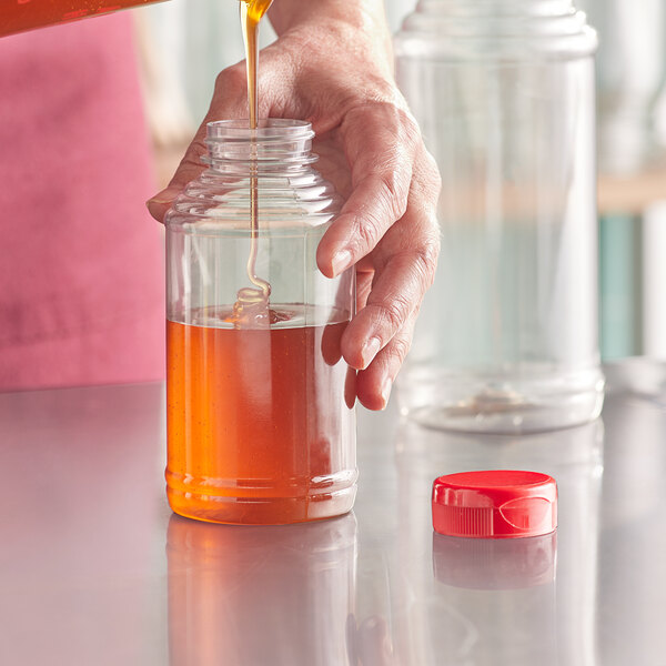 Food Jars, 16 oz Clear PET Plastic Jars w/ Red Ribbed Induction Lined Caps