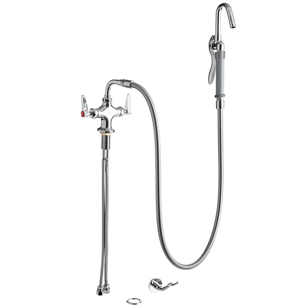 A T&S stainless steel pot and kettle filler faucet with dual lever handles and a hose.