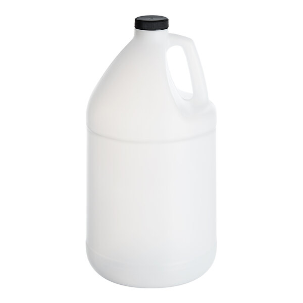 A translucent white jug with a black ribbed cap.
