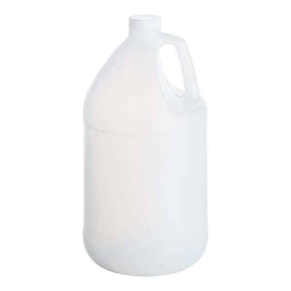 A translucent HDPE jug with a white cap and handle.