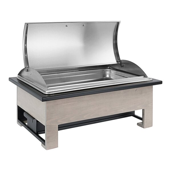 A Cal-Mil stainless steel food warmer with a gray lid.