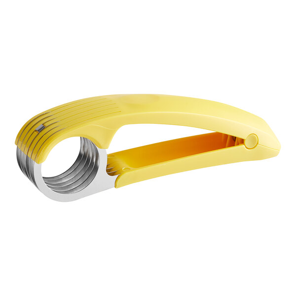 A yellow plastic Taylor Bananza Banana Slicer with a silver metal handle.