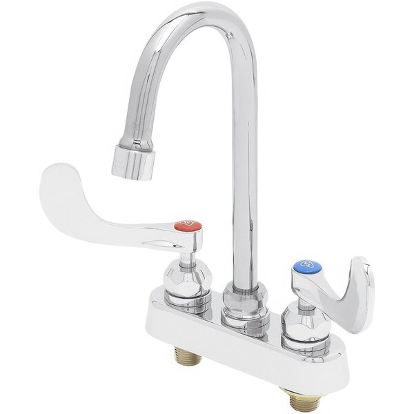 A chrome T&S deck-mount workboard faucet with two wrist action handles.