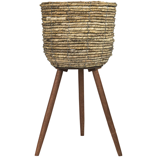 A tripod basket stand with a small wicker basket on top.