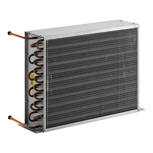 An Avantco condenser coil with copper tubing and copper pipes inside a metal box.