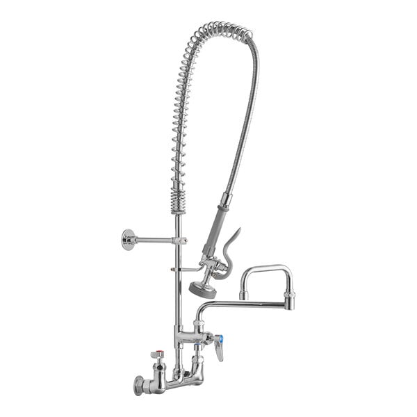 A silver T&S wall mount pre-rinse faucet with a hose.