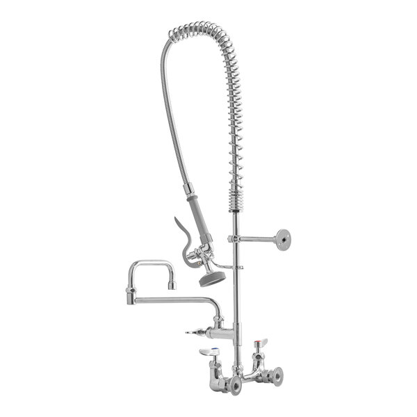A silver T&S chrome wall mount pre-rinse faucet with a hose and sprayer.