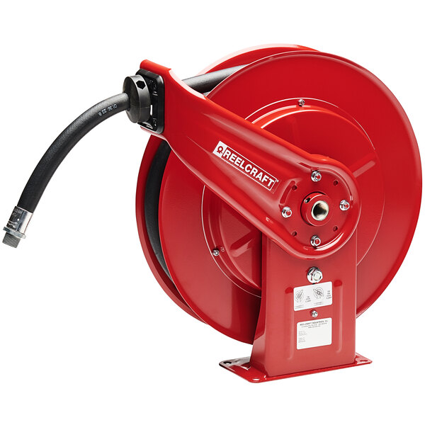 A red Reelcraft hose reel with a black hose.