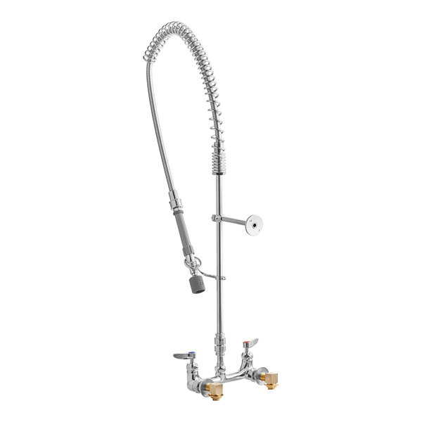 A silver T&S wall mount mixing faucet base with a hose and sprayer.