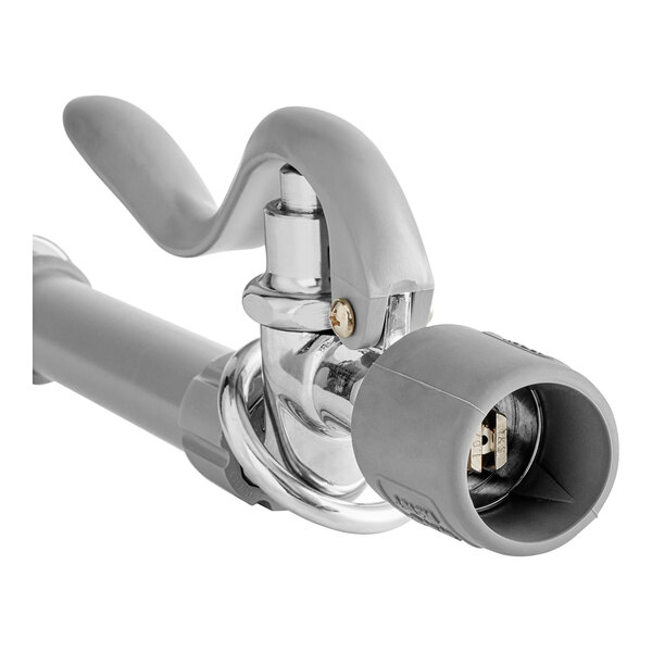 A T&S chrome wall mount pre-rinse faucet base with a handle and hose.