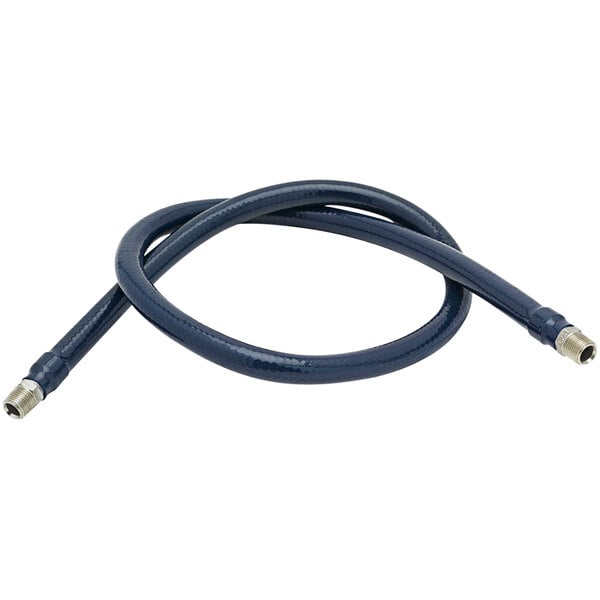 A blue T&S water appliance connector hose with white ends.