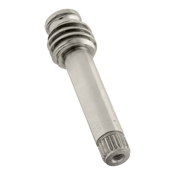 A silver threaded spindle with a metal tube.