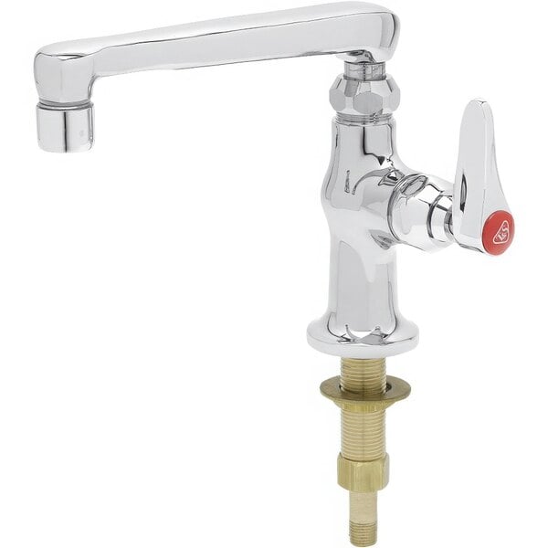 A silver T&S deck-mount faucet with a red and silver button.