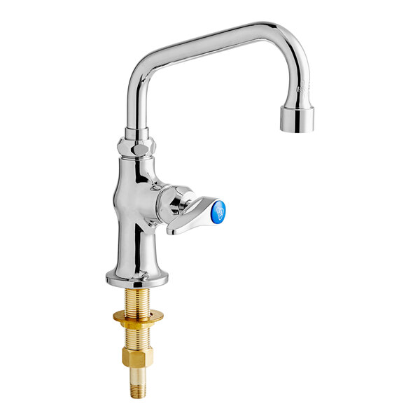 A chrome T&S deck-mount faucet with a blue knob.