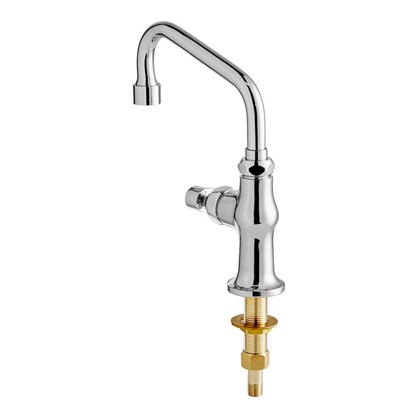A T&S chrome deck-mount faucet with a gold screw.