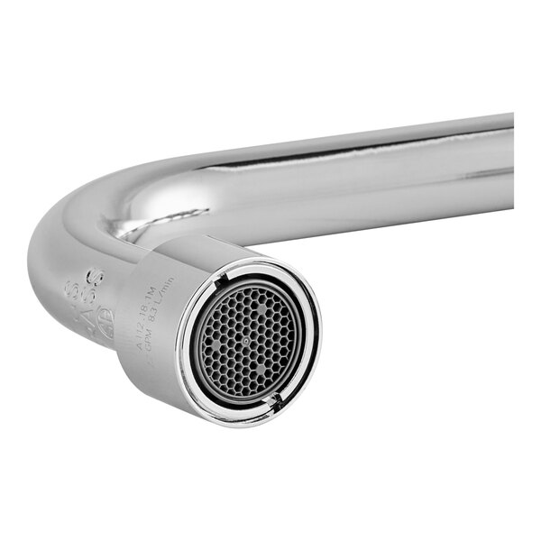 A close-up of a T&S chrome deck mount faucet.