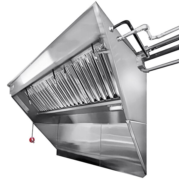 A large stainless steel Halifax Type 1 concession trailer/food truck hood system with pipes.