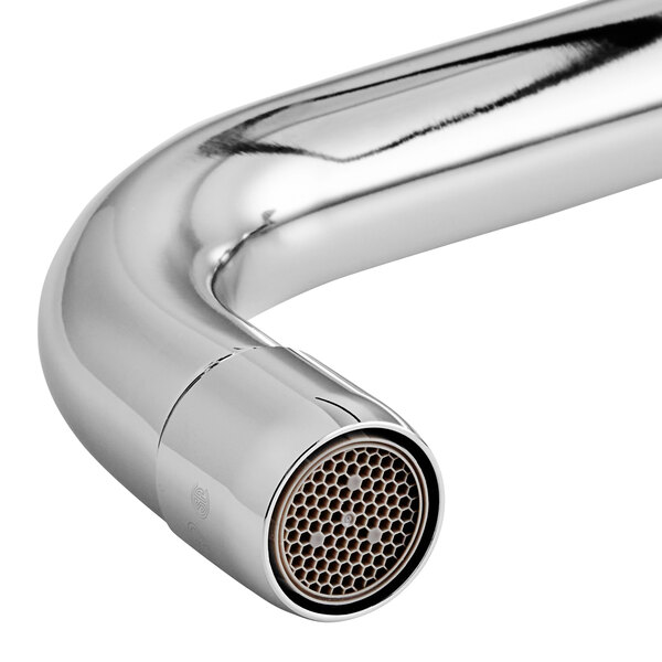 A close up of a chrome Equip by T&S wall mount faucet with a swing nozzle.