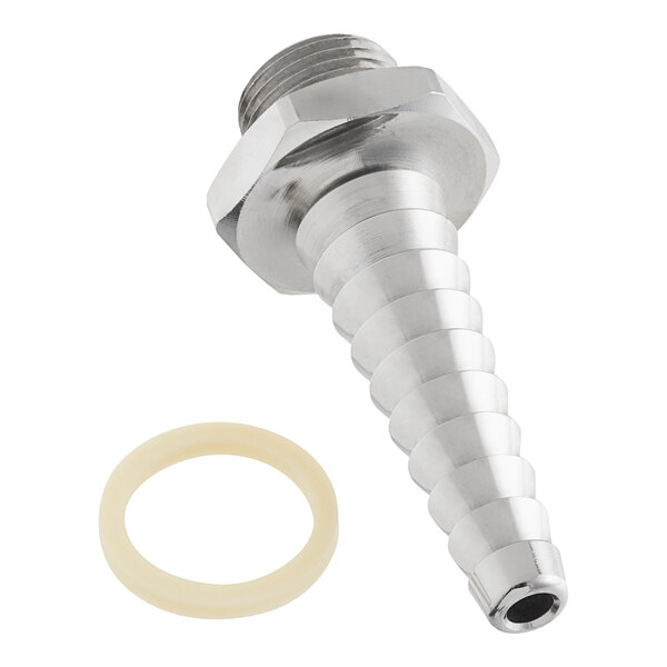 A T&S stainless steel serrated tip outlet with a white gasket.