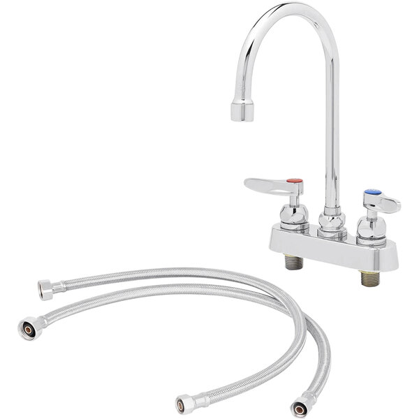 A chrome T&S deck mount faucet with a swivel gooseneck spout and hoses.