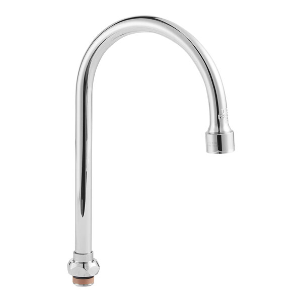 A chrome T&S faucet gooseneck spout with a silver finish.