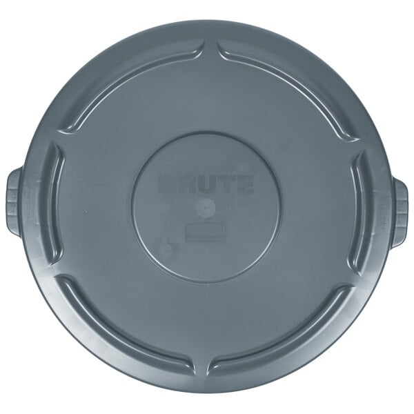 A gray plastic lid with handles for a Rubbermaid Brute trash can.