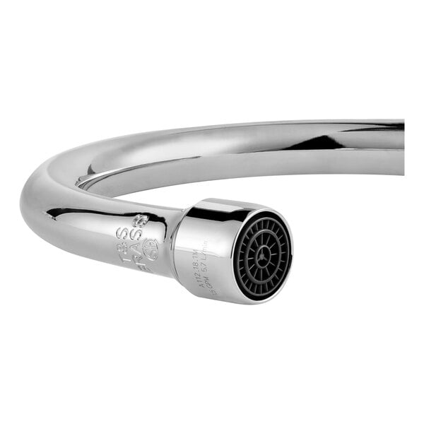 A close-up of a T&S chrome gooseneck spout with a black handle.