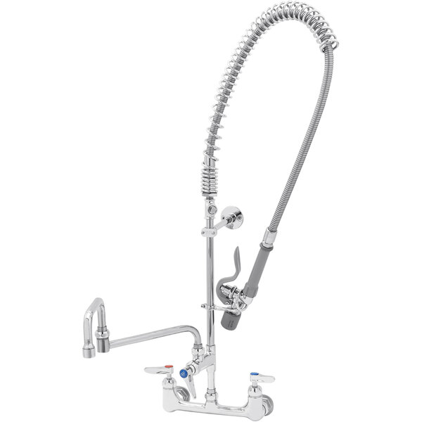 A chrome T&S pre-rinse faucet with a hose.