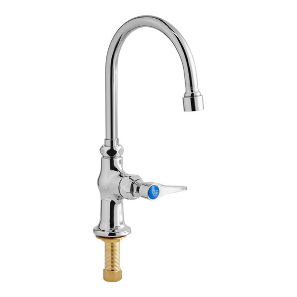 A silver T&S deck-mount faucet with blue knobs.