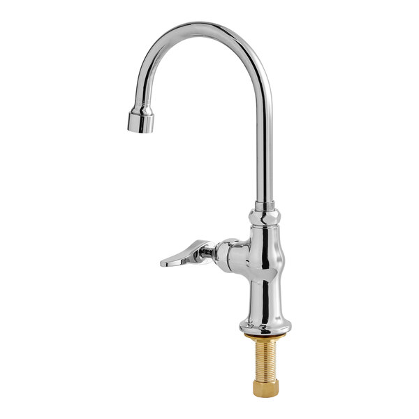 A chrome T&S deck-mount faucet with a gold nut.