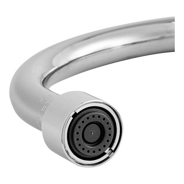 A T&S deck-mount faucet with a gooseneck nozzle and spray device.