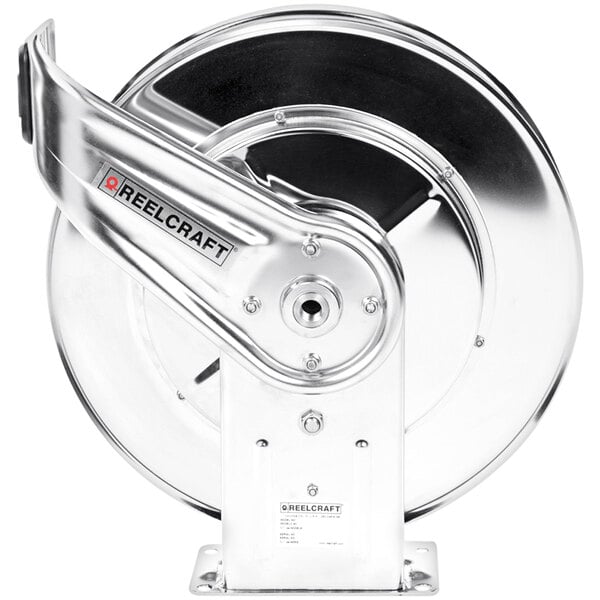 A Reelcraft stainless steel hose reel with a handle.