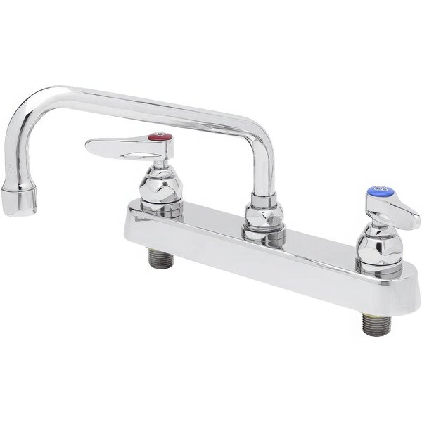 A T&S chrome deck mount faucet with a lever handle and swing nozzle.