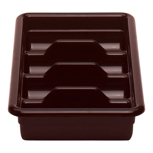 A dark brown plastic Cambro cutlery box with 4 compartments.