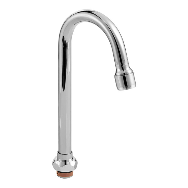 A chrome T&S swivel gooseneck faucet spout with a silver aerator.