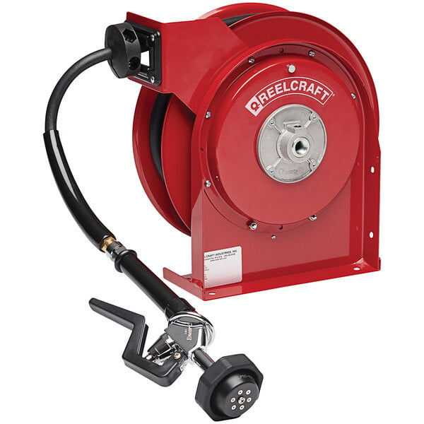 A red Reelcraft hose reel with a hose attached.