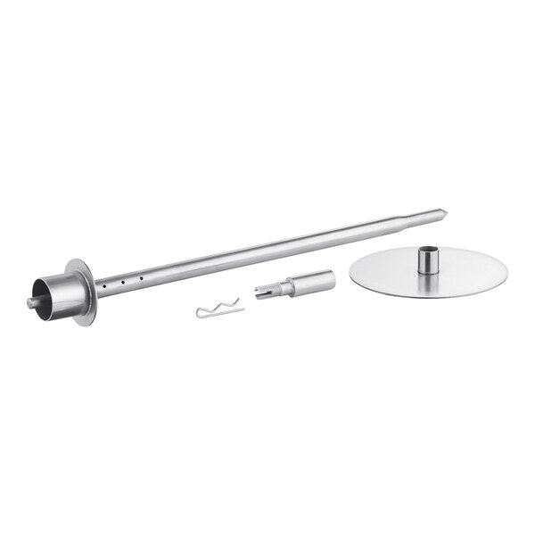 A stainless steel Avantco spit rod with metal disc and spring assembly.