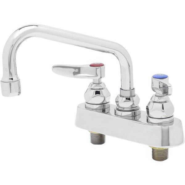 A T&S chrome deck-mount faucet with lever handles.